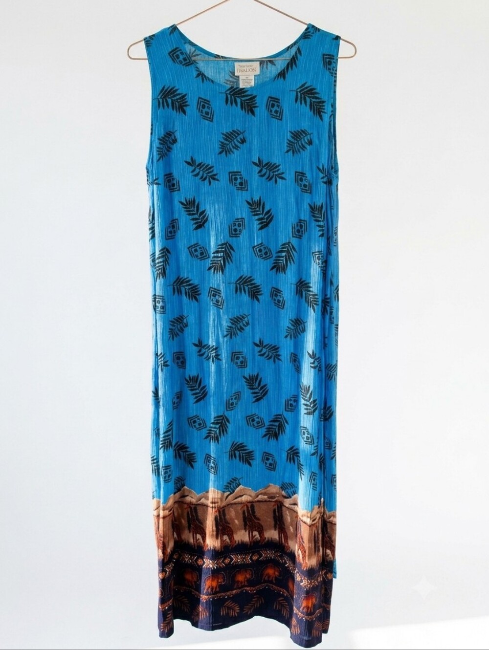 Vintage Tradition Safari Theme Tie Back Maxi Dress L XL Blue Animal Print